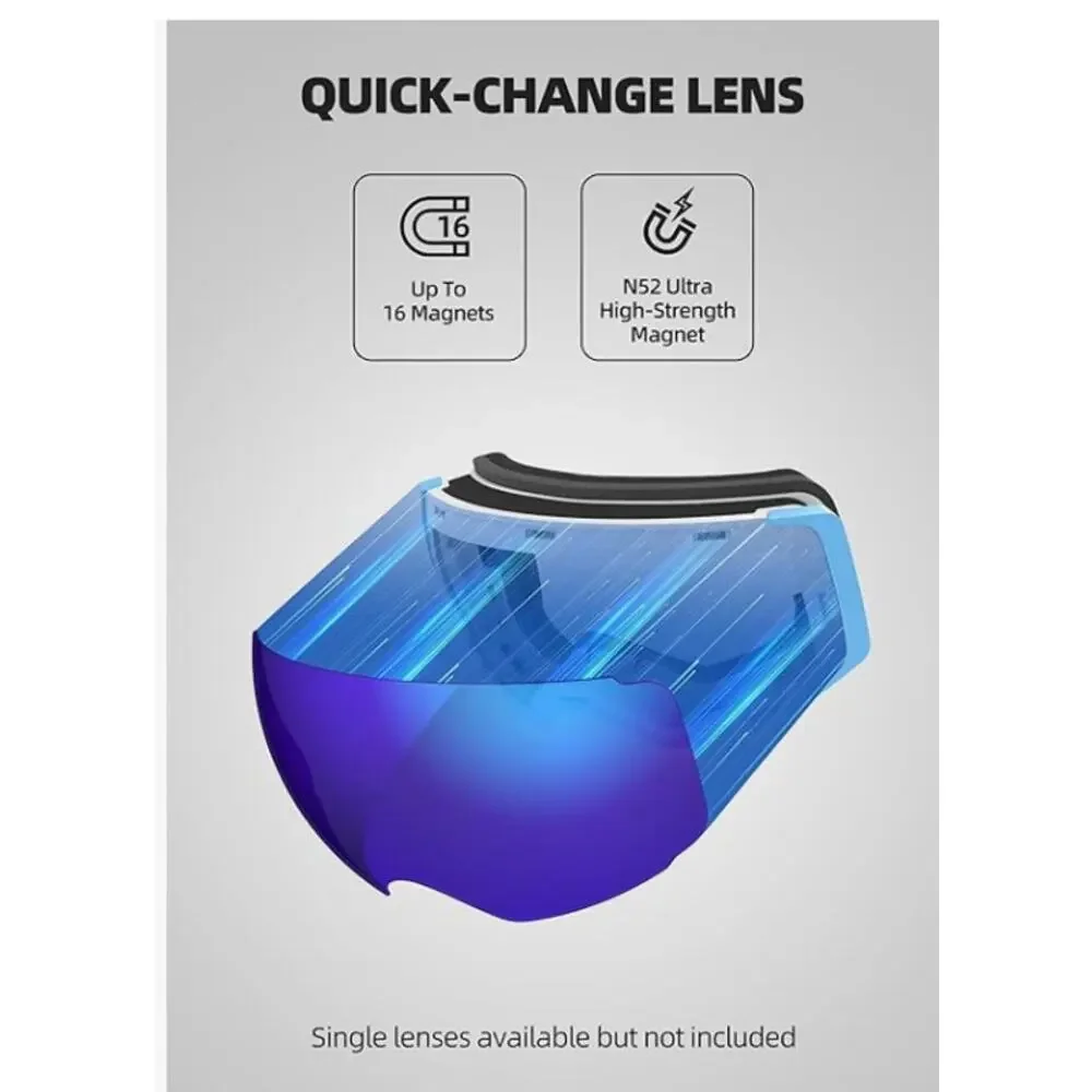 Ski Goggles, Interchangeable Magnetic Lens Snow Goggles, Anti Fog
